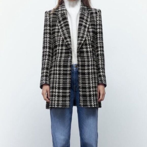 NEW Zara black plaid tweed double breasted longline blazer jacket size small - Picture 1 of 13
